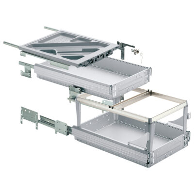 Kontener w zestawie, częściowy i ponad pełen wysuw, 392 x 730, wykończenie aluminium